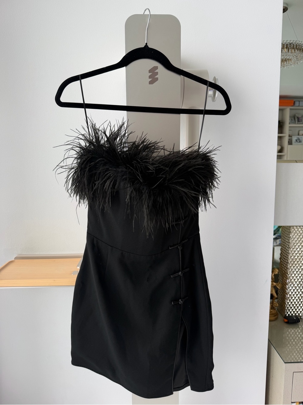 Say Lee Black Feather-Trim Mini Dress with Spaghetti Straps